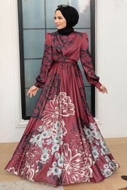  Luxury Claret Red Islamic Bridesmaid Dress 3432BR - 3