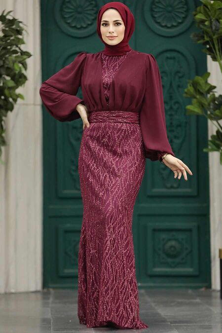  Luxury Claret Red Islamic Clothing Evening Gown 22213BR - NEVA STYLE