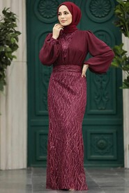 Neva Style - Luxury Claret Red Islamic Clothing Evening Gown 22213BR - Thumbnail