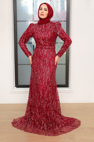  Luxury Claret Red Muslim Fashion Wedding Dress 22633BR - 3