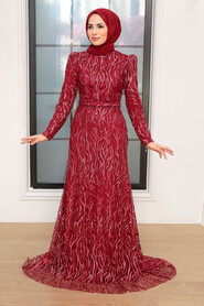  Luxury Claret Red Muslim Fashion Wedding Dress 22633BR - 2