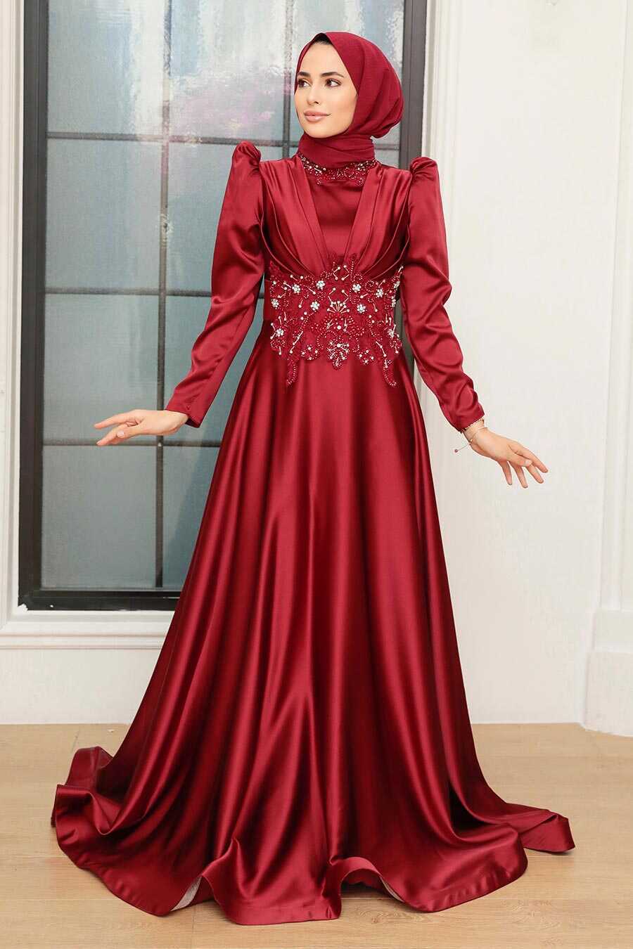 Neva Style - Luxury Claret Red Muslim Long Sleeve Dress 22640BR
