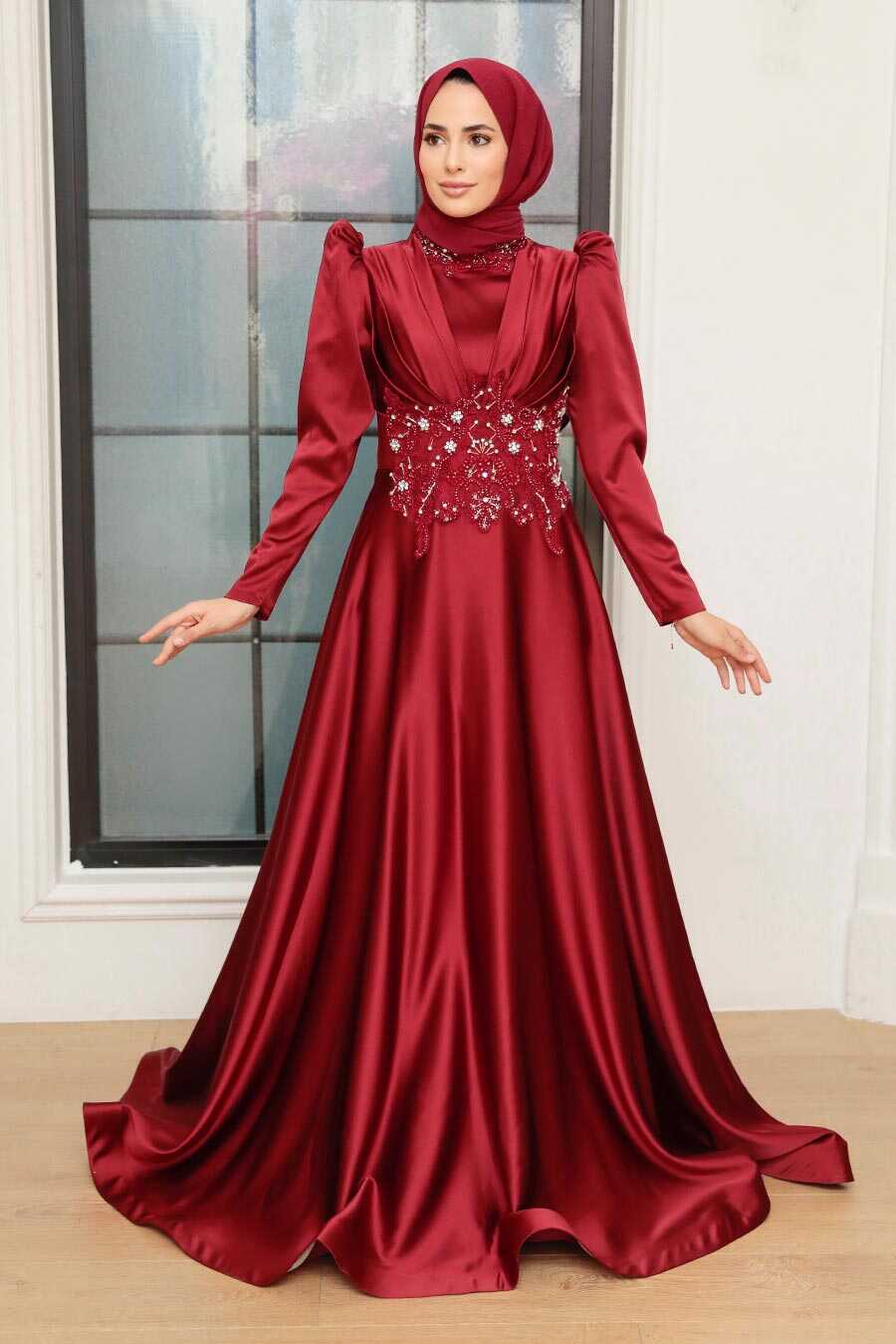 Neva Style - Luxury Claret Red Muslim Long Sleeve Dress 22640BR