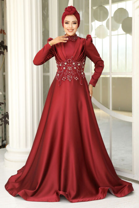 Luxury Claret Red Muslim Long Sleeve Dress 22640BR - NEVA STYLE