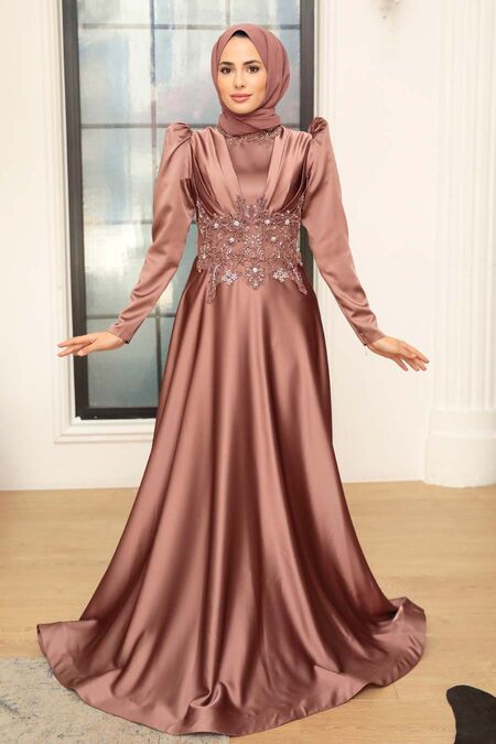  Luxury Copper Muslim Long Sleeve Dress 22640BKR - NEVA STYLE