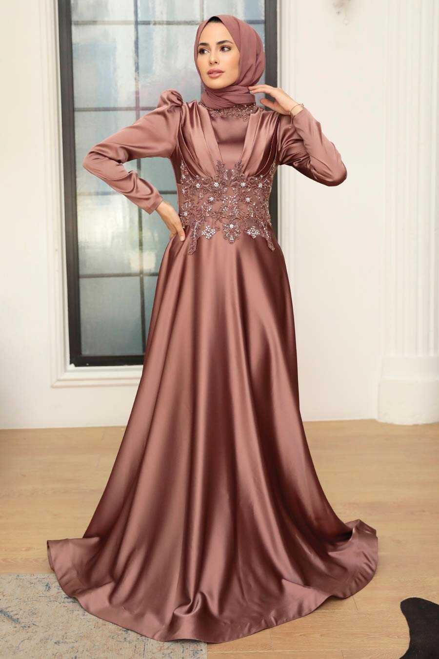 Neva Style - Luxury Copper Muslim Long Sleeve Dress 22640BKR