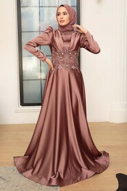 Neva Style - Luxury Copper Muslim Long Sleeve Dress 22640BKR - Thumbnail