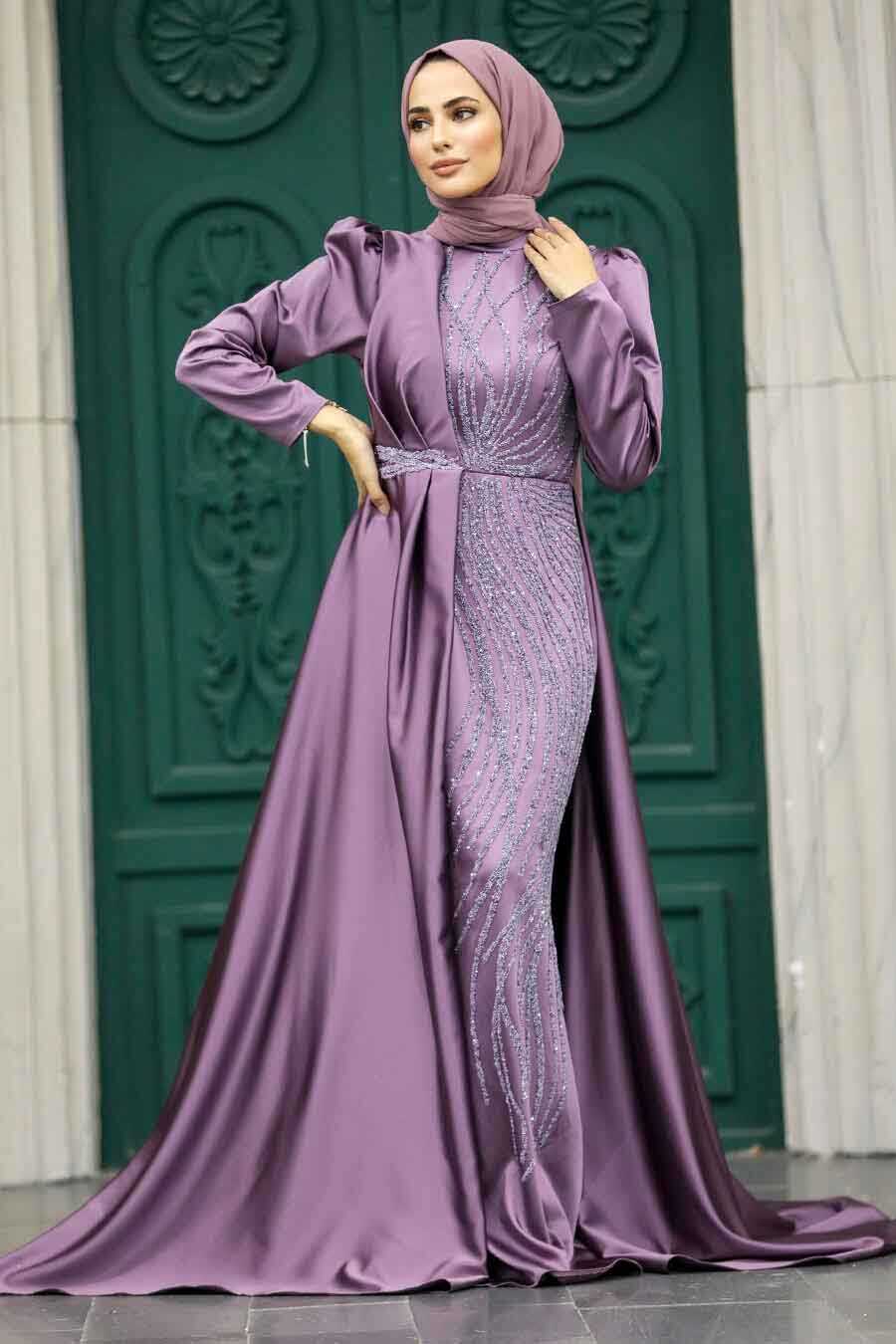 Neva Style - Luxury Dark Lila Hijab Wedding Dress 23221KLILA