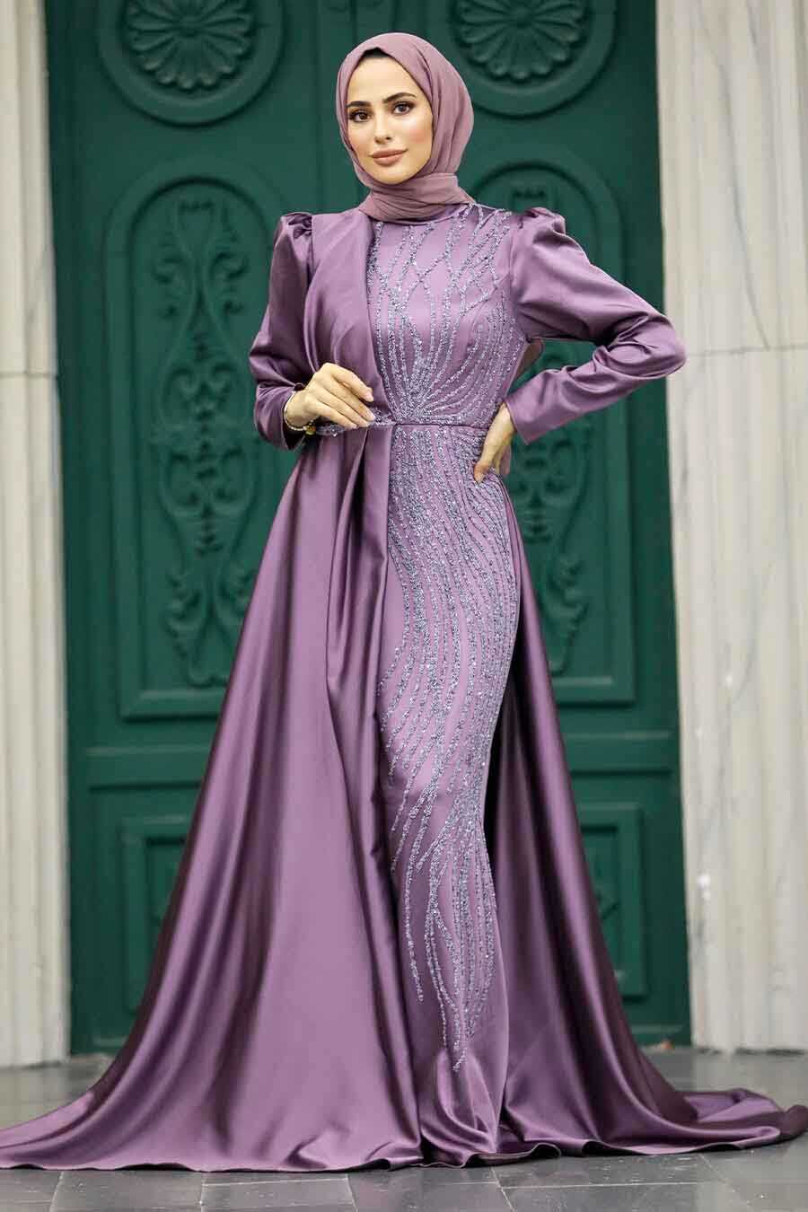Neva Style - Luxury Dark Lila Hijab Wedding Dress 23221KLILA
