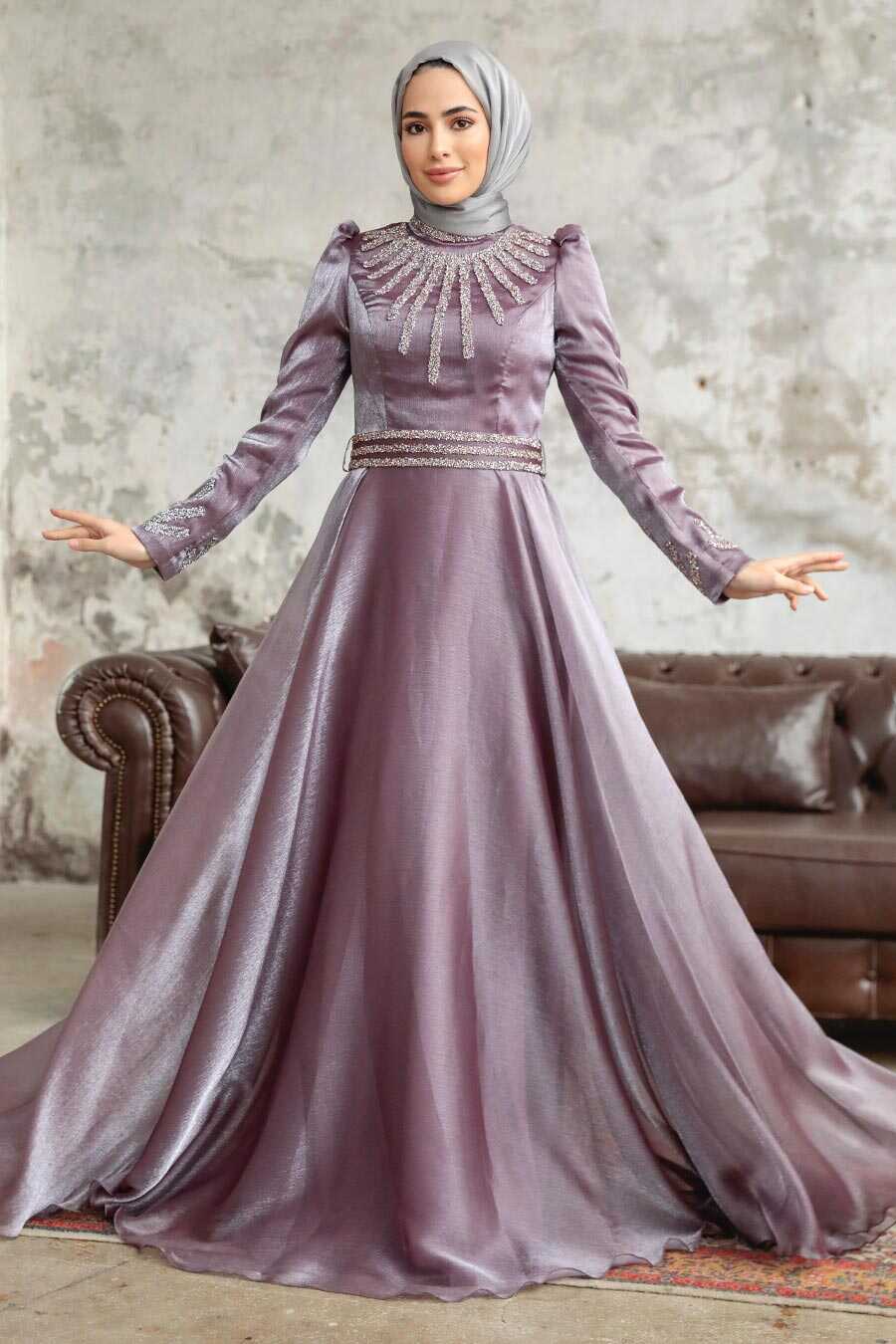 Neva Style - Luxury Dark Lila Muslim Evening Gown 3774KLILA