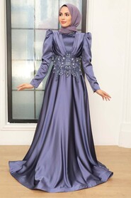 Neva Style - Luxury Dark Lila Muslim Long Sleeve Dress 22640KLILA - Thumbnail