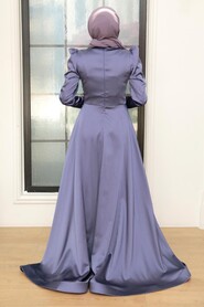 Neva Style - Luxury Dark Lila Muslim Long Sleeve Dress 22640KLILA - Thumbnail