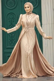 Neva Style - Luxury Gold Hijab Wedding Dress 23221GOLD - Thumbnail