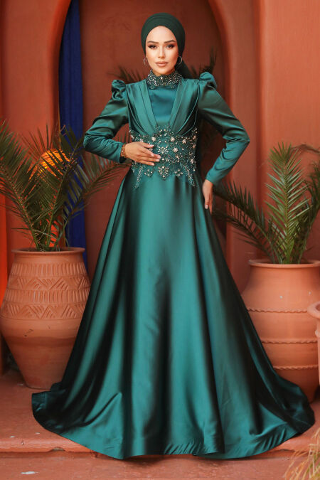 Luxury Green Muslim Long Sleeve Dress 22640Y - NEVA STYLE