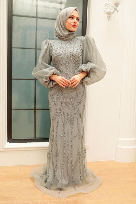 dress silver hijab Luxury Grey Hijab Prom Dress 8321GR