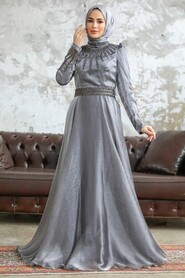 Neva Style - Luxury Grey Muslim Evening Gown 3774GR - Thumbnail