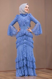 Luxury İndigo Blue Müslim Evening Dress 75801IM - 1