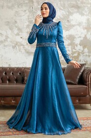  Luxury İndigo Blue Muslim Evening Gown 3774IM - 2