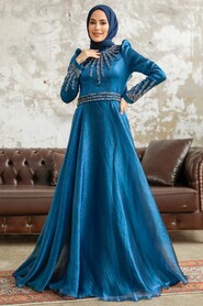  Luxury İndigo Blue Muslim Evening Gown 3774IM - 1