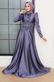  Luxury İndigo Blue Muslim Long Sleeve Dress 22640IM - 2