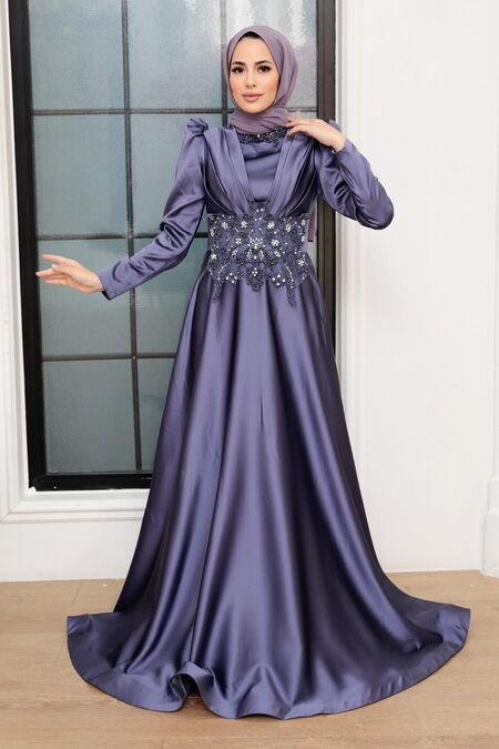  Luxury İndigo Blue Muslim Long Sleeve Dress 22640IM - NEVA STYLE