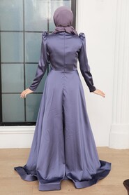  Luxury İndigo Blue Muslim Long Sleeve Dress 22640IM - 3