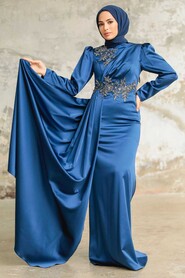  Luxury Navy Blue Hijab Evening Dress 22830L - Thumbnail