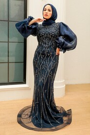  Luxury Navy Blue Hijab Prom Dress 8321L - 1