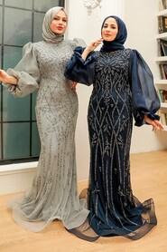  Luxury Navy Blue Hijab Prom Dress 8321L - 5