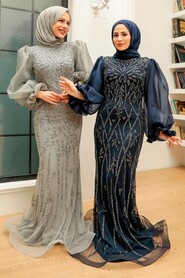 Luxury Navy Blue Hijab Prom Dress 8321L - 3
