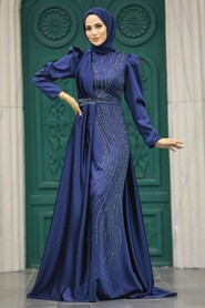 Neva Style - Luxury Navy Blue Hijab Wedding Dress 23221L - Thumbnail