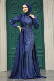 Neva Style - Luxury Navy Blue Hijab Wedding Dress 23221L - Thumbnail