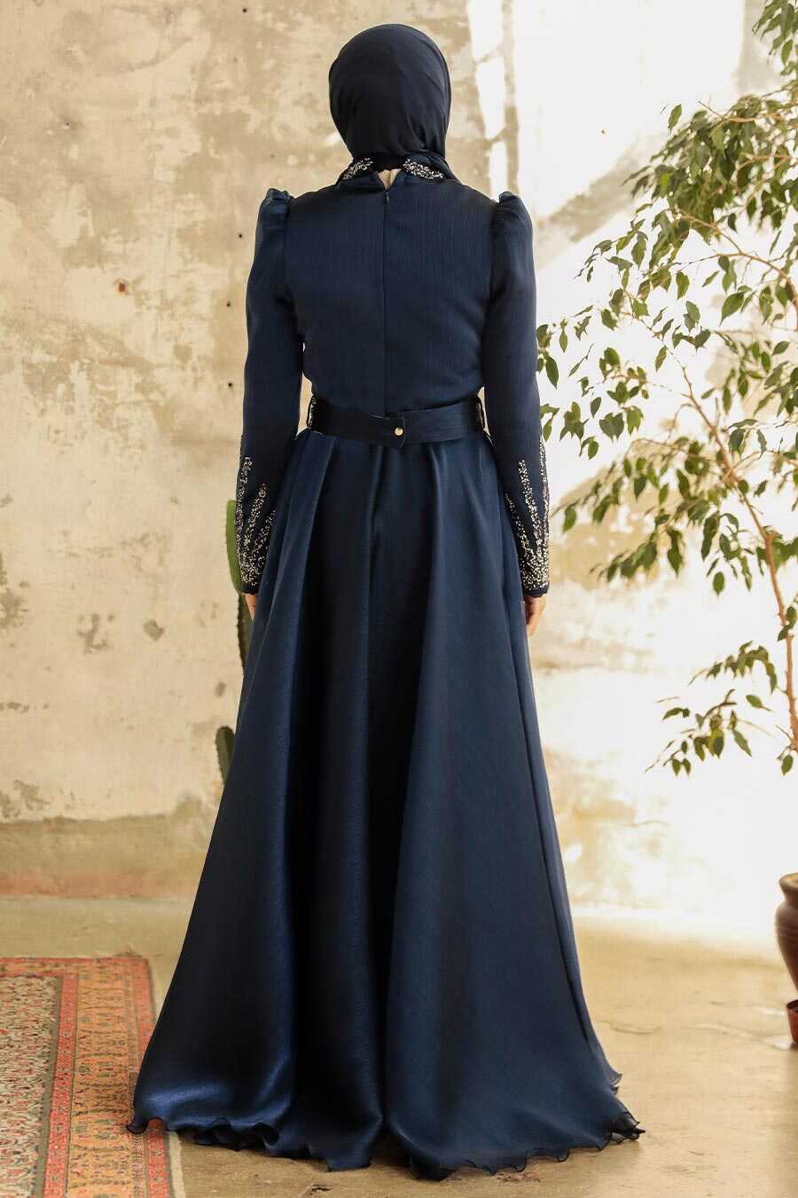 Neva Style - Luxury Navy Blue Muslim Evening Gown 3774L