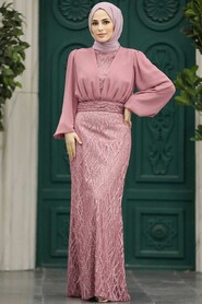 Neva Style - Luxury Powder Pink Islamic Clothing Evening Gown 22213PD - Thumbnail