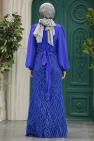 Neva Style - Luxury Sax Blue Islamic Clothing Evening Gown 22213SX - Thumbnail