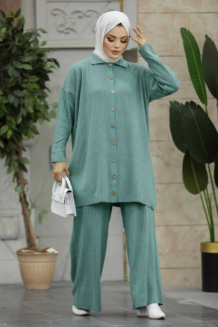 Neva Style - Mint Hijab Knitwear Dual Dress 33860MINT