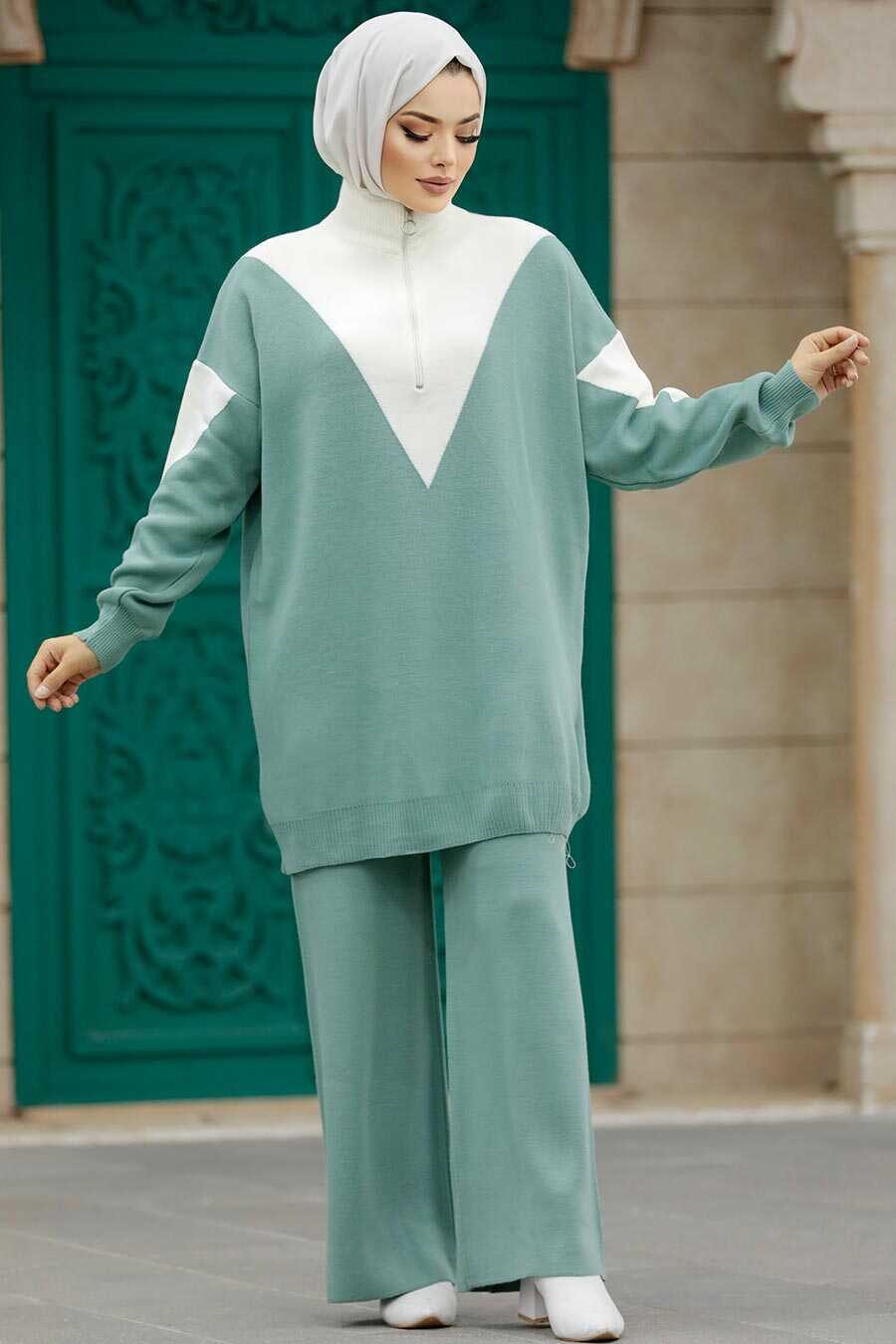 Neva Style - Mint Hijab Knitwear Dual Suit 3433MINT