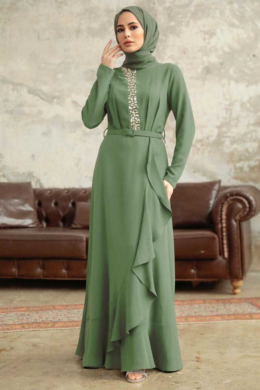  Modern Almond Green Hijab Wedding Dress 37320CY