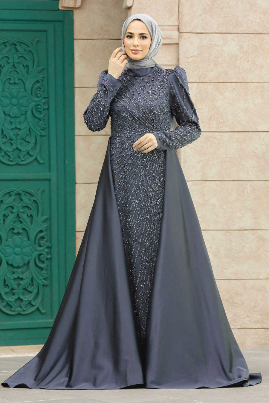 Neva Style - Modern Antrasit Modest Islamic Clothing Wedding Dress 23310ANT