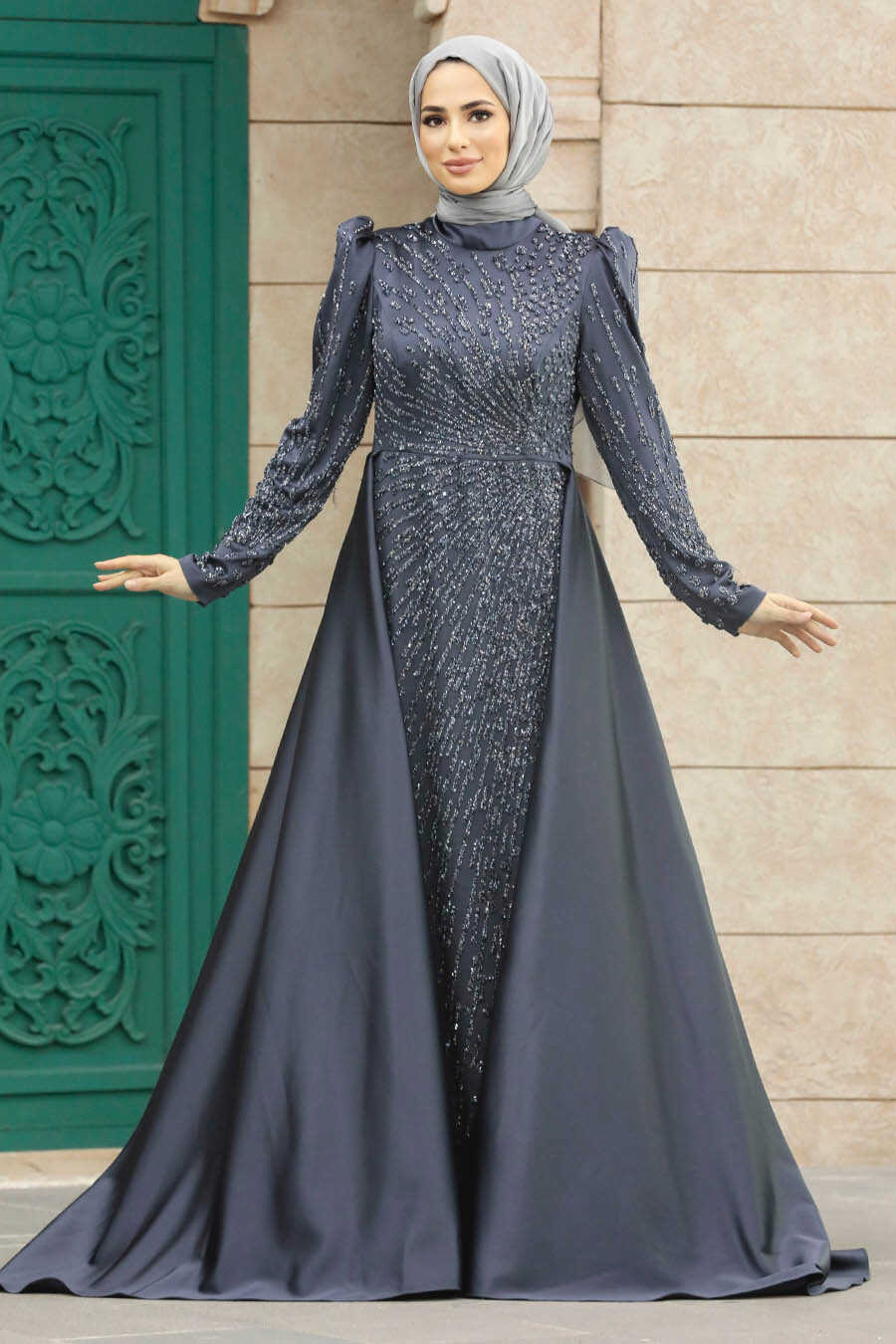 Neva Style - Modern Antrasit Modest Islamic Clothing Wedding Dress 23310ANT