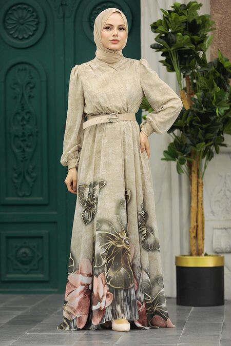  Modern Beige Modest Islamic Clothing Prom Dress 39211BEJ - NEVA STYLE
