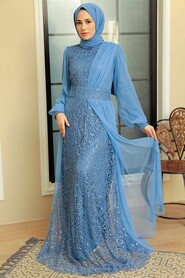  Modern Blue Muslim Wedding Gown 5696M - 2