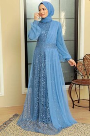  Modern Blue Muslim Wedding Gown 5696M - 3