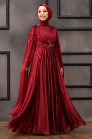  Modern Claret Red Hijab Bridesmaid Dress 22130BR - 3