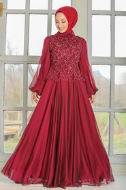  Modern Claret Red Islamic Clothing Evening Gown 3322BR - 1