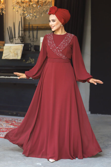 Modern Claret Red Modest Prom Dress 22153BR - NEVA STYLE