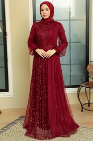  Modern Claret Red Muslim Wedding Gown 5696BR - 1
