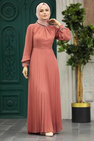  Modern Dark Salmon Pink Islamic Bridesmaid Dress 38510KSMN - 1