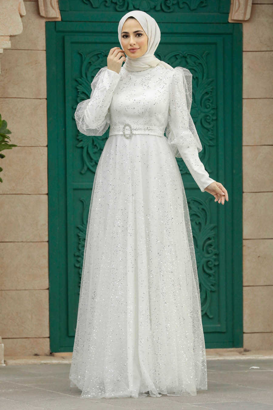 Neva Style - Modern Ecru Hijab Wedding Dress 23041E