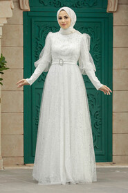 Neva Style - Modern Ecru Hijab Wedding Dress 23041E - Thumbnail